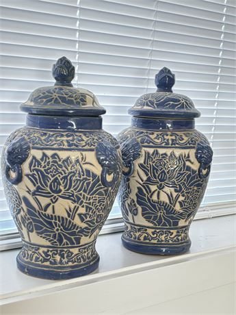 Pair Of Large Ginger Jars Hand Painted Heavily Carved And Skillfully Designed