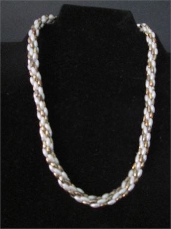 Vintage 17" Very Attractive Faux Long Pearl & Gold Braided Twist Made in Germany
