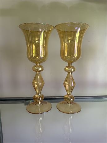 Vintage Italian Murano Hand Blown Amber Art Glass Wine Glasses- Set Of 2