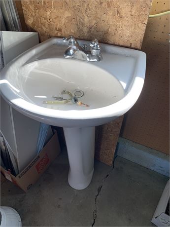 Porcelain Pedestal Sink, Drain Assembly, and Faucet Assembly