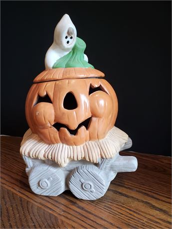 Ceramic Pumpkin w/ Ghost on Hay Wagon Candleholder