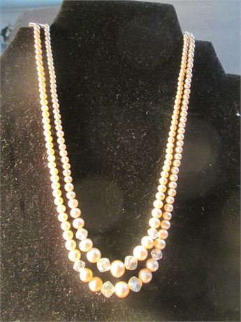 Vintage 15" MCM Double Strand w/ Irridescent Bead Fancy Pearl Necklace