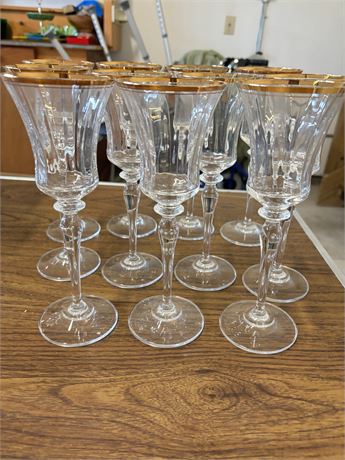 Mikasa Set Of 10  Tall Stem Crystal Red Wine Glasses Gold Riim