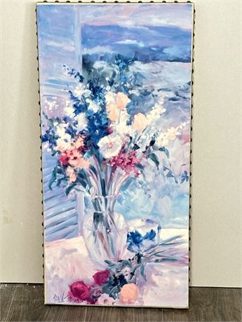 Signed Allyn Stevens Original Oil On Canvas Of Vase Filled With Fab Florals