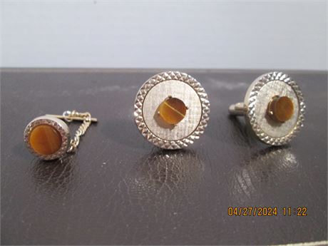 Vintage MCM 70's Pair Polished Agate Gold Cuff Links w/ Matched Tie Tac Set