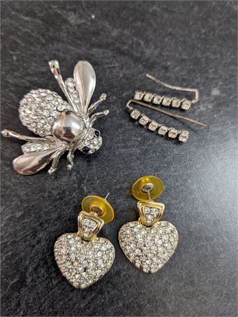 Rhinestone Bee Pin & Earrings