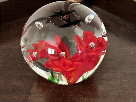 Art Glass Red Flowers Paperweight With Suspended Birds