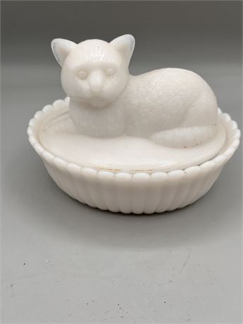 Vintage Westmoreland Milk Glass Cat on Basket Covered Dish