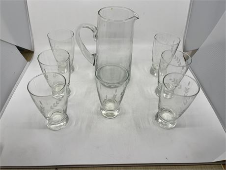 Glass Pitcher & Etched Glasses