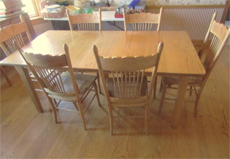 Country Amish Oak Dining Table & Six Chairs Set Plus Leaves Storage Cabinet