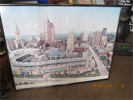 1990's Colored Pen & Ink View of Gateway Cleveland Indians Park Print