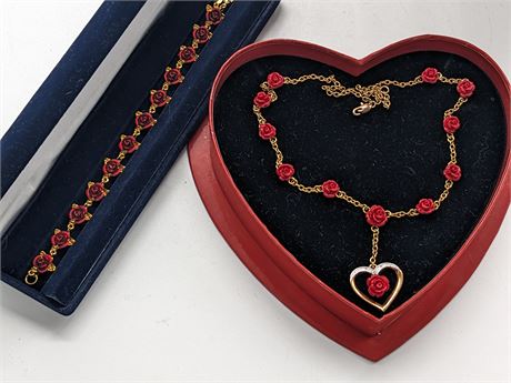 The Danbury Mint "A Dozen Roses" Bracelet & Drop Heart Necklace