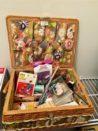 Wicker Sewing Basket Filled With Sewing Accessories And Notions