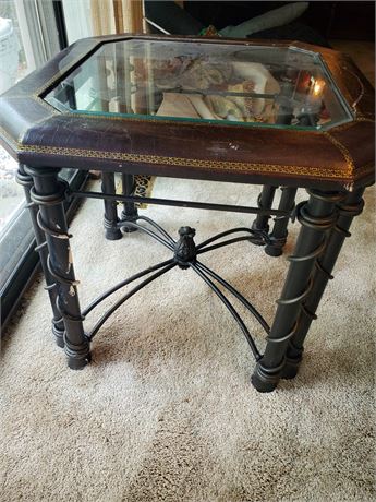 Vintage Leather Trimmed Table w/ Iron Base & Beveled Glass