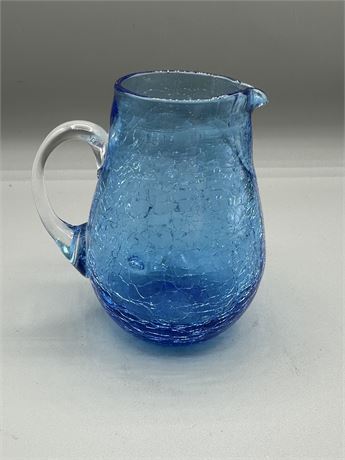 Vintage Cobalt Blue Crackle Miniature Glass  Pitcher
