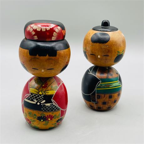 Vintage Japanese Kokeshi Peg Dolls Set of Two