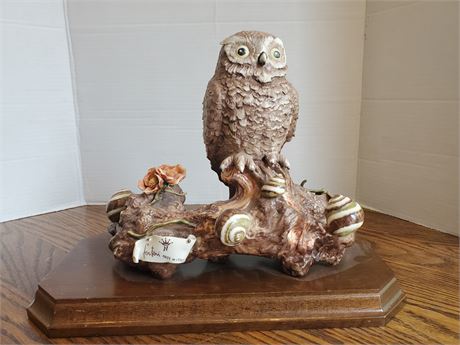 Porcelain Owl w/ Snails Figurine on wood Base - Made in Italy