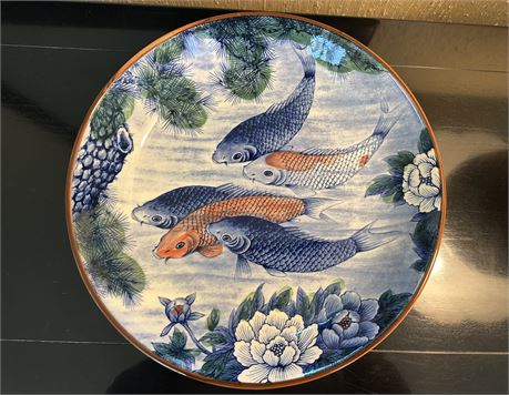 14in Vintage Japanese Toyo Koi Fishpond Porcelain Large Charger Platter