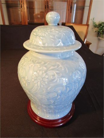 Vintage Chinese Celadon Vase with Lid and Stand