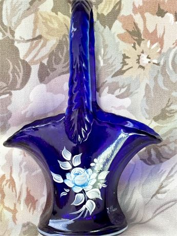 Westmoreland Cobalt Blue Glass Basket Handpainted Flowers Artist Signed