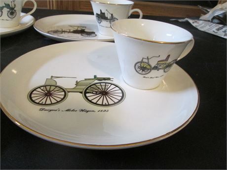 New MCM Antique Cars Salem 24k Pottery 4 Dessert Plate & Cup China Serving Sets