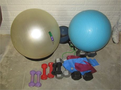 Two Exercise Balls With Stabilizer, Medicine Ball, & Hand Weights