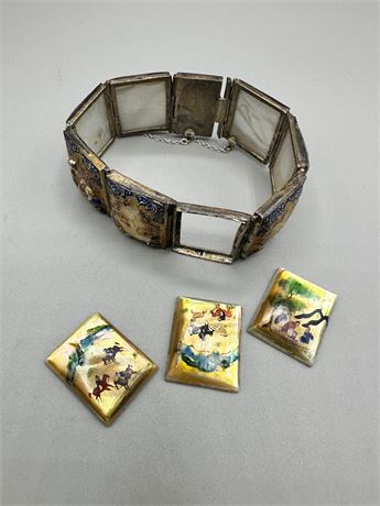 Antique Chinese Eight Panel Sterling Hand Painted Story Bracelet