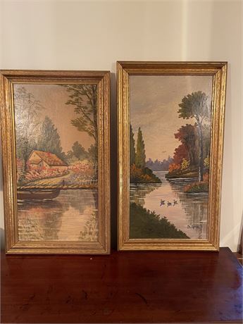 VIntage Pair of Framed Prints on Board