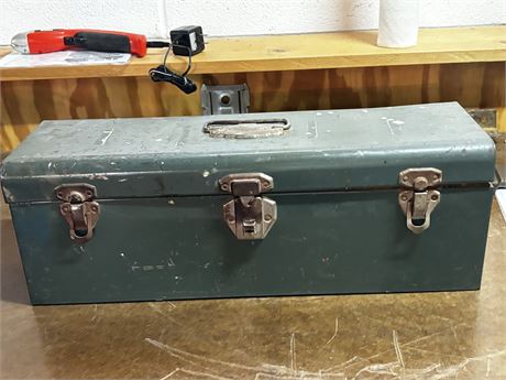 Vintage Metal Tool Box Filled With Tools & Wrenches