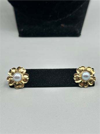 14K Gold Floral Blossom & Pearl Earring Pair