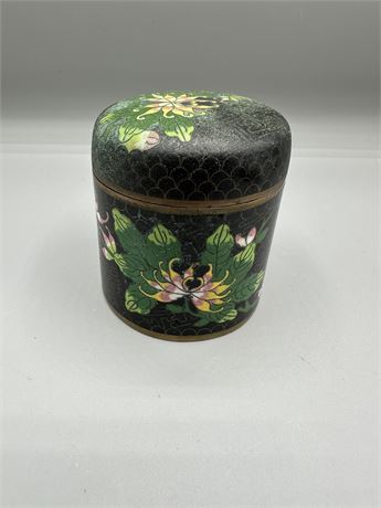 Vintage Chinese Brass & Black Enamel Floral Trinket Box