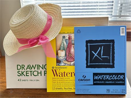 Art Books Watercolor Sketch Pads Wood Tray Summer Straw Hat Pink Ribbon