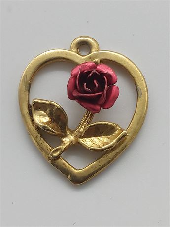 Vintage 1970s Red Rose Heart Gold Plated Necklace - Pendant