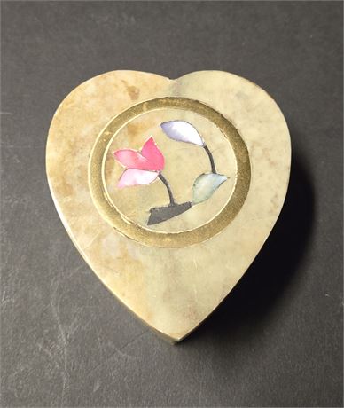 Vintage India Heart Shape Marble Trinket Jewelry Box with Flower