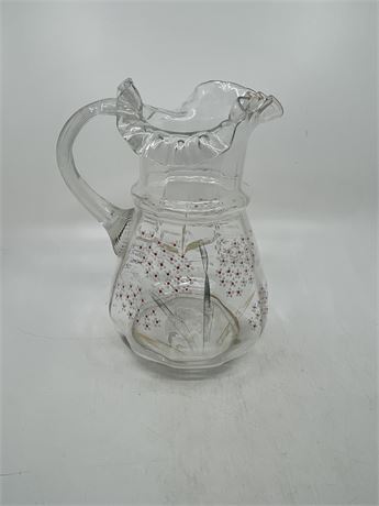 Antique Hand Blown and Handpainted Ruffled Pitcher Glass