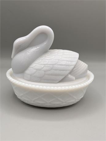 Vintage Milk Glass Swan Covered Dish