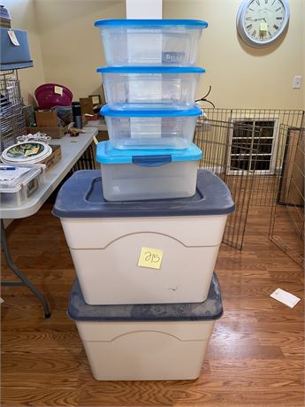 Two 20-Gallon Rubbermaid Storage Totes and Shoe Box Totes