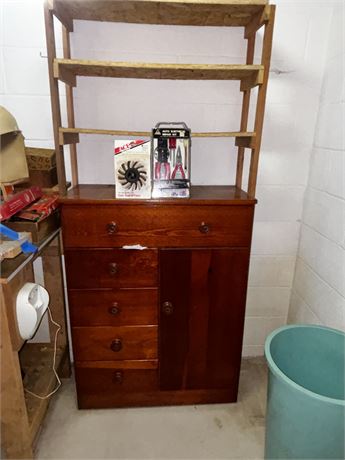 Vintage Wood Cabinet That Has Drawers Filled With Garage Basement Misc Items