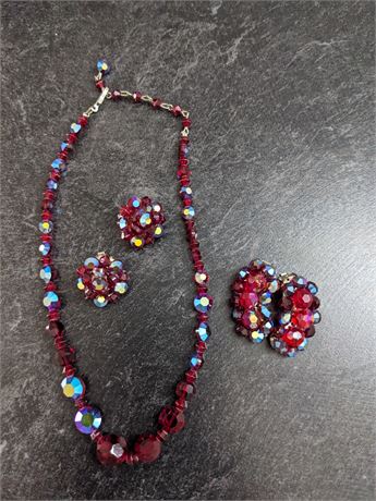 Vintage Red Crystal Bead Necklace & Clip Earrings