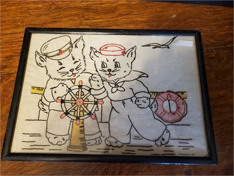 Framed Antique Sailor Cats Embroidery