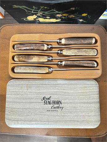 Lewis Rose & Co Sheffield England Boxed Cutlery Knife Set Stag-Horn Handles