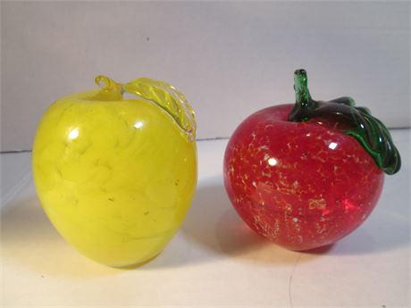 2 Hinkle West Virginia  3" Red  & Yellow Glass Apple Collectible Paper Weights