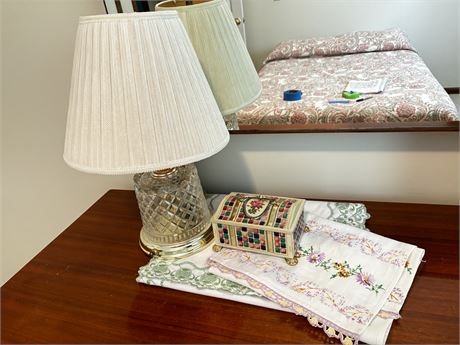 Crystal Table Lamp Decorative Box Hand Embroidered Vintage Runners Lot
