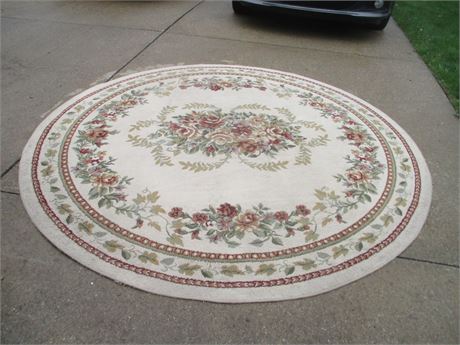 Vintage Approx 6 1/2' Round Off White Floral Pattern Area Rug Carpet
