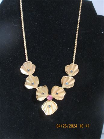 Vintage 1940's Bright faux Gold Floral & Rhinestone15" Necklace