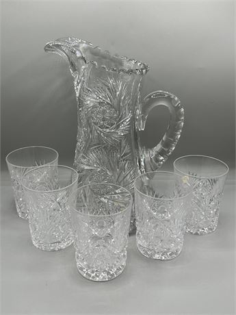 Vintage American Brilliant Cut Crystal Water Pitcher & Five Glasses