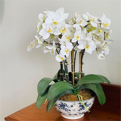Decorator Faux Orchid Plant in Porcelain Blue White Bowl
