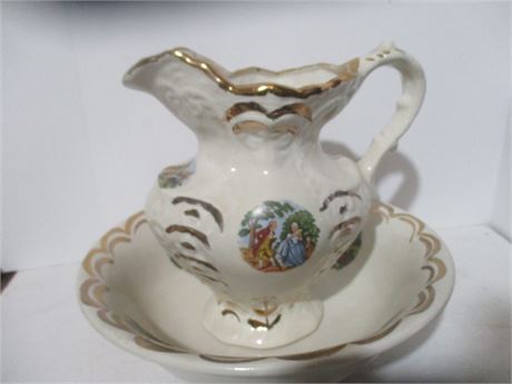 Vintage Ceramic Fancy Colonial George & Martha Pitcher & Bowl