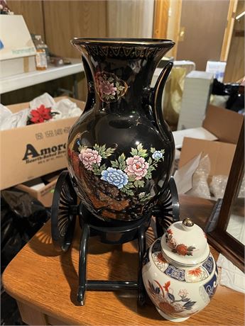 Vintage Japan Sento Porcelain Peacock Flower Vase with Stand and Ginger Jar