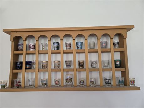 Collection of Vintage Shotglasses + Display Shelf